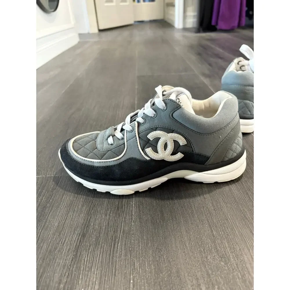 Chanel 2023 Fabric and Suede Calfskin Quilted Gray Trainer Sneakers Size 38(8)